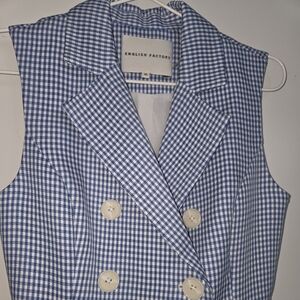 English Factory Blue Checkered Double-Breasted Vest Jumpsuit